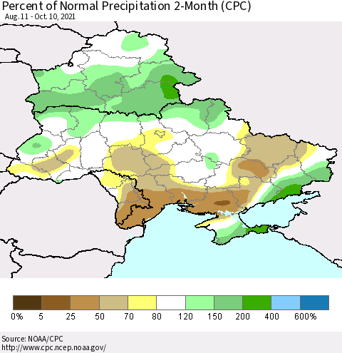 Ukraine, Moldova and Belarus Percent of Normal Precipitation 2-Month (CPC) Thematic Map For 8/11/2021 - 10/10/2021