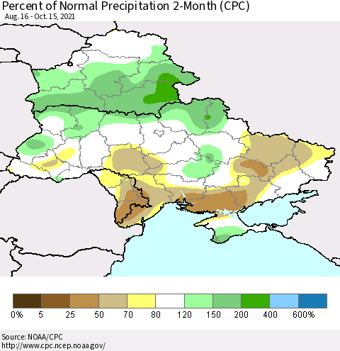 Ukraine, Moldova and Belarus Percent of Normal Precipitation 2-Month (CPC) Thematic Map For 8/16/2021 - 10/15/2021