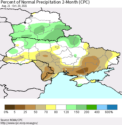 Ukraine, Moldova and Belarus Percent of Normal Precipitation 2-Month (CPC) Thematic Map For 8/21/2021 - 10/20/2021
