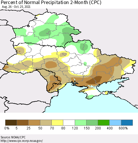 Ukraine, Moldova and Belarus Percent of Normal Precipitation 2-Month (CPC) Thematic Map For 8/26/2021 - 10/25/2021