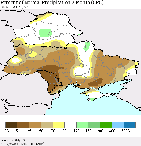 Ukraine, Moldova and Belarus Percent of Normal Precipitation 2-Month (CPC) Thematic Map For 9/1/2021 - 10/31/2021