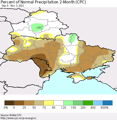Ukraine, Moldova and Belarus Percent of Normal Precipitation 2-Month (CPC) Thematic Map For 9/6/2021 - 11/5/2021