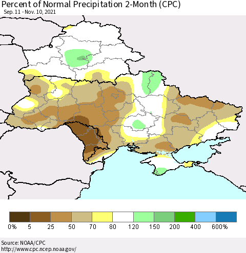 Ukraine, Moldova and Belarus Percent of Normal Precipitation 2-Month (CPC) Thematic Map For 9/11/2021 - 11/10/2021