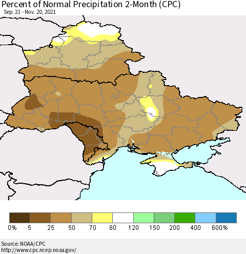 Ukraine, Moldova and Belarus Percent of Normal Precipitation 2-Month (CPC) Thematic Map For 9/21/2021 - 11/20/2021