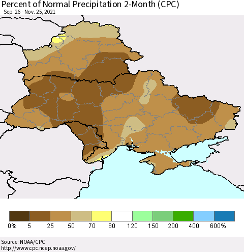 Ukraine, Moldova and Belarus Percent of Normal Precipitation 2-Month (CPC) Thematic Map For 9/26/2021 - 11/25/2021