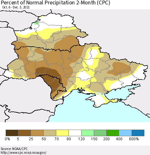 Ukraine, Moldova and Belarus Percent of Normal Precipitation 2-Month (CPC) Thematic Map For 10/6/2021 - 12/5/2021