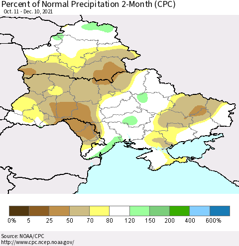 Ukraine, Moldova and Belarus Percent of Normal Precipitation 2-Month (CPC) Thematic Map For 10/11/2021 - 12/10/2021