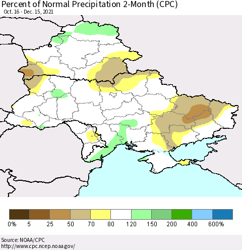 Ukraine, Moldova and Belarus Percent of Normal Precipitation 2-Month (CPC) Thematic Map For 10/16/2021 - 12/15/2021