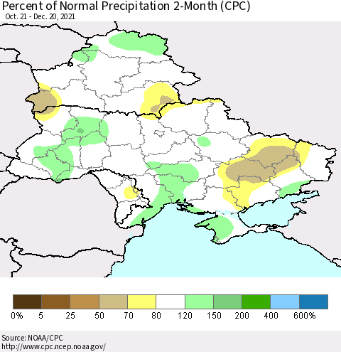 Ukraine, Moldova and Belarus Percent of Normal Precipitation 2-Month (CPC) Thematic Map For 10/21/2021 - 12/20/2021