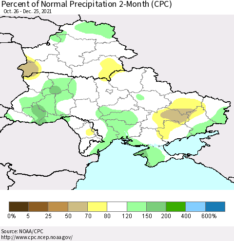 Ukraine, Moldova and Belarus Percent of Normal Precipitation 2-Month (CPC) Thematic Map For 10/26/2021 - 12/25/2021