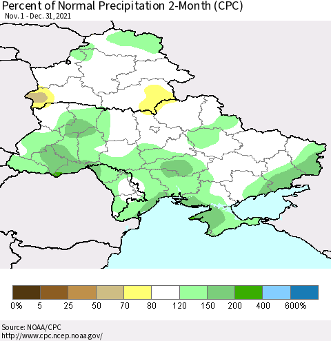 Ukraine, Moldova and Belarus Percent of Normal Precipitation 2-Month (CPC) Thematic Map For 11/1/2021 - 12/31/2021