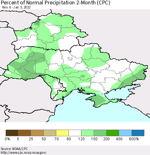 Ukraine, Moldova and Belarus Percent of Normal Precipitation 2-Month (CPC) Thematic Map For 11/6/2021 - 1/5/2022