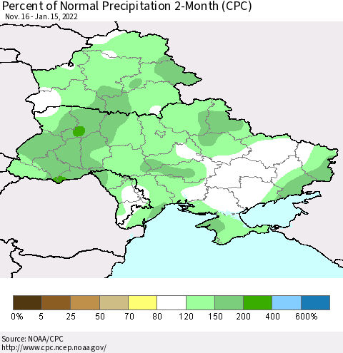 Ukraine, Moldova and Belarus Percent of Normal Precipitation 2-Month (CPC) Thematic Map For 11/16/2021 - 1/15/2022