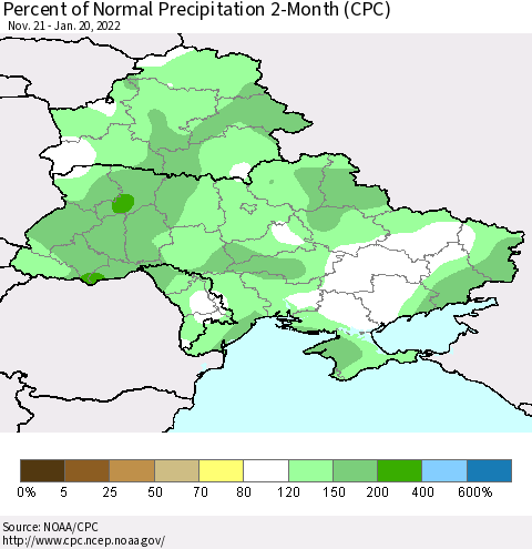 Ukraine, Moldova and Belarus Percent of Normal Precipitation 2-Month (CPC) Thematic Map For 11/21/2021 - 1/20/2022