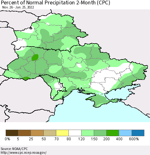 Ukraine, Moldova and Belarus Percent of Normal Precipitation 2-Month (CPC) Thematic Map For 11/26/2021 - 1/25/2022