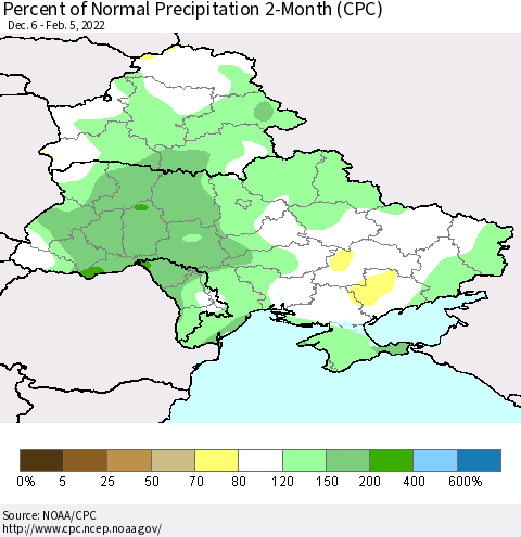 Ukraine, Moldova and Belarus Percent of Normal Precipitation 2-Month (CPC) Thematic Map For 12/6/2021 - 2/5/2022