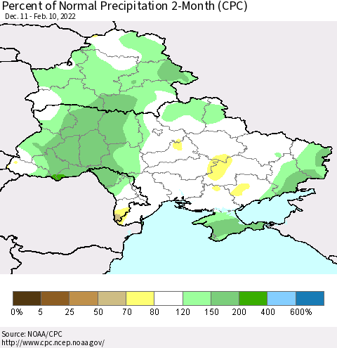 Ukraine, Moldova and Belarus Percent of Normal Precipitation 2-Month (CPC) Thematic Map For 12/11/2021 - 2/10/2022