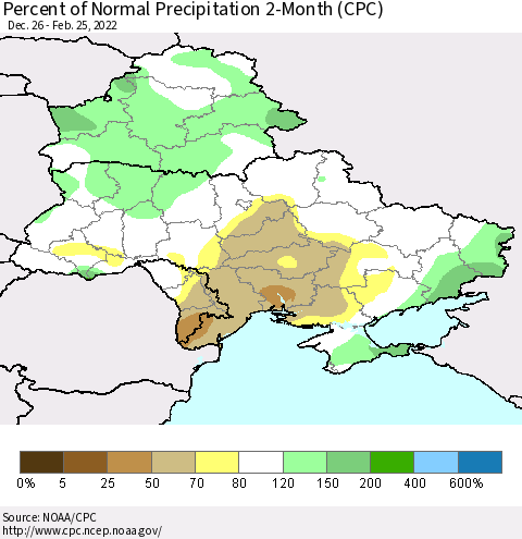 Ukraine, Moldova and Belarus Percent of Normal Precipitation 2-Month (CPC) Thematic Map For 12/26/2021 - 2/25/2022