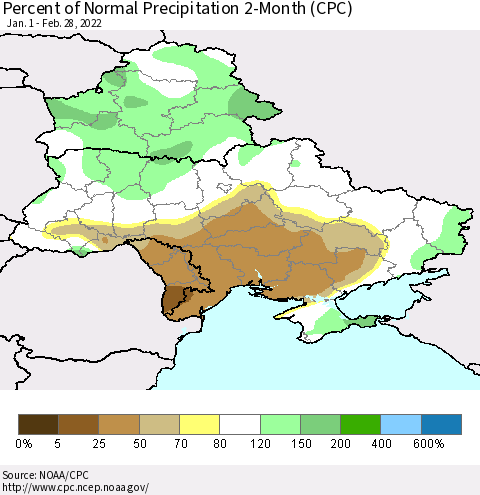 Ukraine, Moldova and Belarus Percent of Normal Precipitation 2-Month (CPC) Thematic Map For 1/1/2022 - 2/28/2022