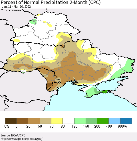 Ukraine, Moldova and Belarus Percent of Normal Precipitation 2-Month (CPC) Thematic Map For 1/11/2022 - 3/10/2022