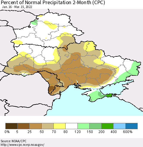 Ukraine, Moldova and Belarus Percent of Normal Precipitation 2-Month (CPC) Thematic Map For 1/16/2022 - 3/15/2022