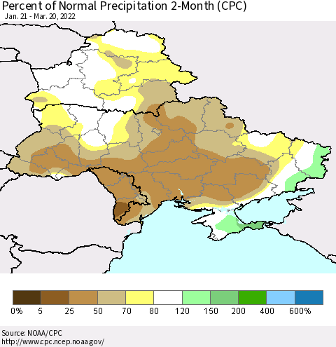 Ukraine, Moldova and Belarus Percent of Normal Precipitation 2-Month (CPC) Thematic Map For 1/21/2022 - 3/20/2022