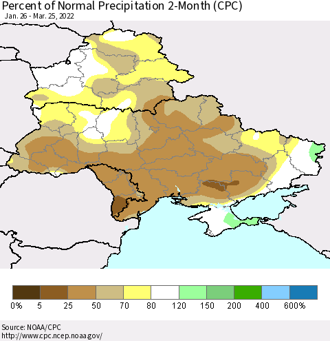 Ukraine, Moldova and Belarus Percent of Normal Precipitation 2-Month (CPC) Thematic Map For 1/26/2022 - 3/25/2022
