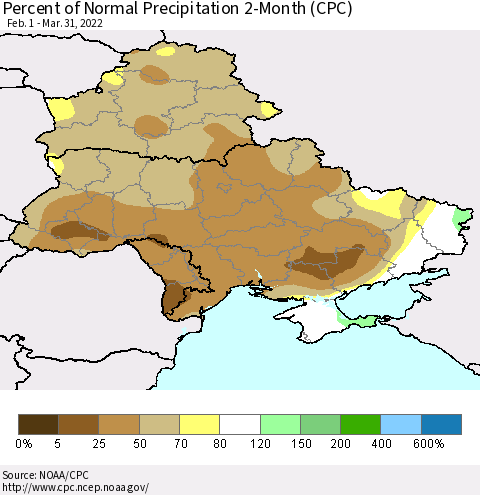 Ukraine, Moldova and Belarus Percent of Normal Precipitation 2-Month (CPC) Thematic Map For 2/1/2022 - 3/31/2022