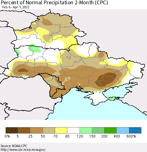 Ukraine, Moldova and Belarus Percent of Normal Precipitation 2-Month (CPC) Thematic Map For 2/6/2022 - 4/5/2022