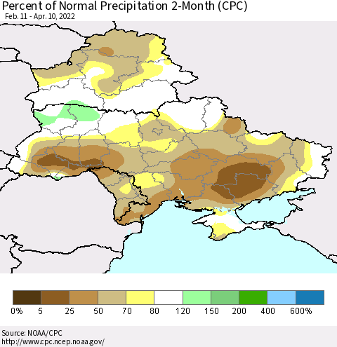 Ukraine, Moldova and Belarus Percent of Normal Precipitation 2-Month (CPC) Thematic Map For 2/11/2022 - 4/10/2022