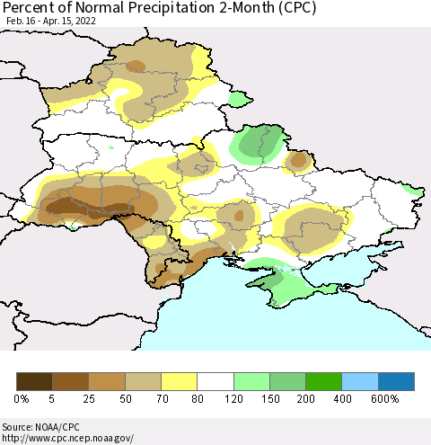 Ukraine, Moldova and Belarus Percent of Normal Precipitation 2-Month (CPC) Thematic Map For 2/16/2022 - 4/15/2022