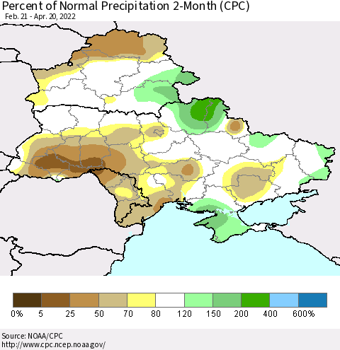 Ukraine, Moldova and Belarus Percent of Normal Precipitation 2-Month (CPC) Thematic Map For 2/21/2022 - 4/20/2022