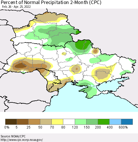 Ukraine, Moldova and Belarus Percent of Normal Precipitation 2-Month (CPC) Thematic Map For 2/26/2022 - 4/25/2022