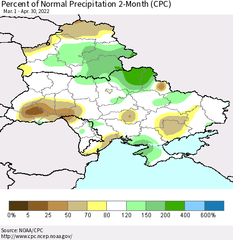 Ukraine, Moldova and Belarus Percent of Normal Precipitation 2-Month (CPC) Thematic Map For 3/1/2022 - 4/30/2022