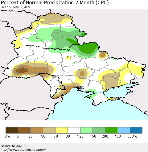 Ukraine, Moldova and Belarus Percent of Normal Precipitation 2-Month (CPC) Thematic Map For 3/6/2022 - 5/5/2022