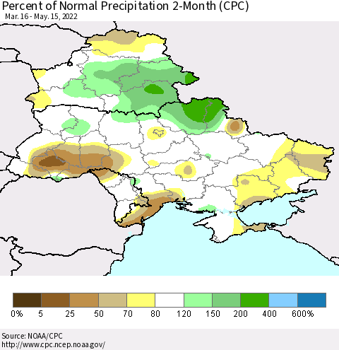 Ukraine, Moldova and Belarus Percent of Normal Precipitation 2-Month (CPC) Thematic Map For 3/16/2022 - 5/15/2022
