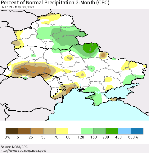 Ukraine, Moldova and Belarus Percent of Normal Precipitation 2-Month (CPC) Thematic Map For 3/21/2022 - 5/20/2022