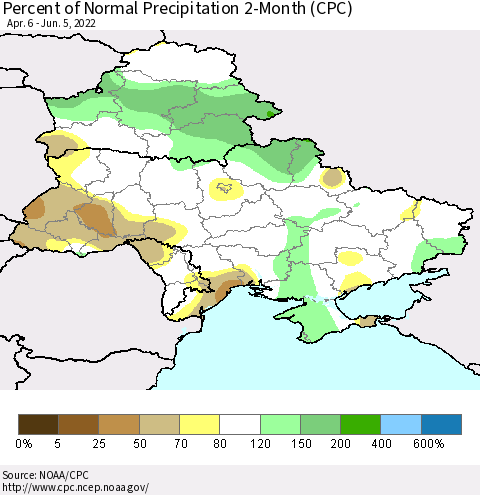 Ukraine, Moldova and Belarus Percent of Normal Precipitation 2-Month (CPC) Thematic Map For 4/6/2022 - 6/5/2022