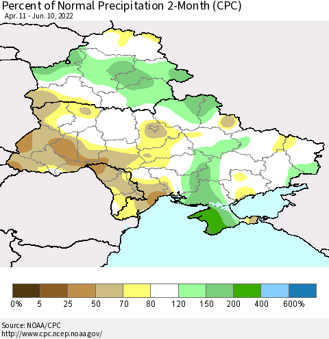 Ukraine, Moldova and Belarus Percent of Normal Precipitation 2-Month (CPC) Thematic Map For 4/11/2022 - 6/10/2022