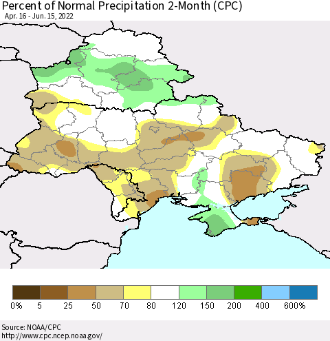 Ukraine, Moldova and Belarus Percent of Normal Precipitation 2-Month (CPC) Thematic Map For 4/16/2022 - 6/15/2022