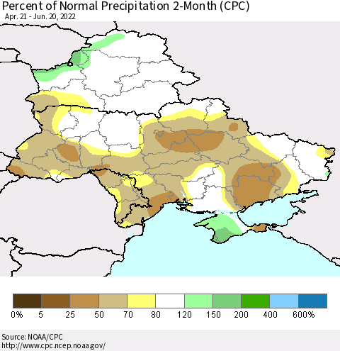 Ukraine, Moldova and Belarus Percent of Normal Precipitation 2-Month (CPC) Thematic Map For 4/21/2022 - 6/20/2022