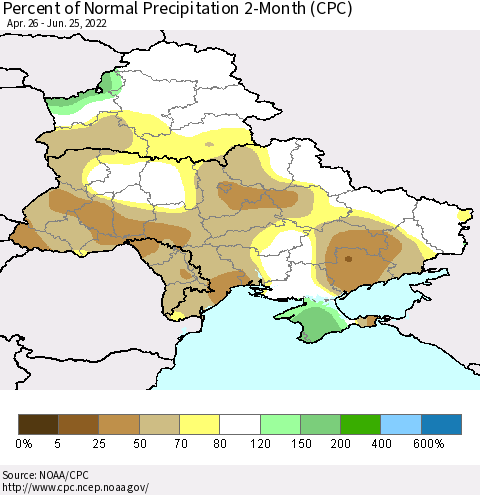 Ukraine, Moldova and Belarus Percent of Normal Precipitation 2-Month (CPC) Thematic Map For 4/26/2022 - 6/25/2022