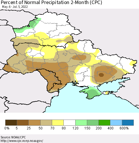 Ukraine, Moldova and Belarus Percent of Normal Precipitation 2-Month (CPC) Thematic Map For 5/6/2022 - 7/5/2022