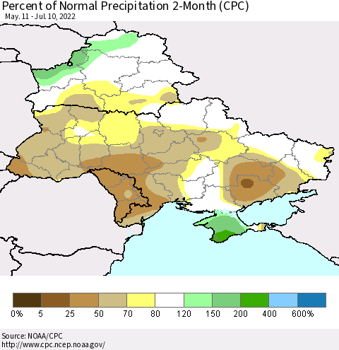 Ukraine, Moldova and Belarus Percent of Normal Precipitation 2-Month (CPC) Thematic Map For 5/11/2022 - 7/10/2022
