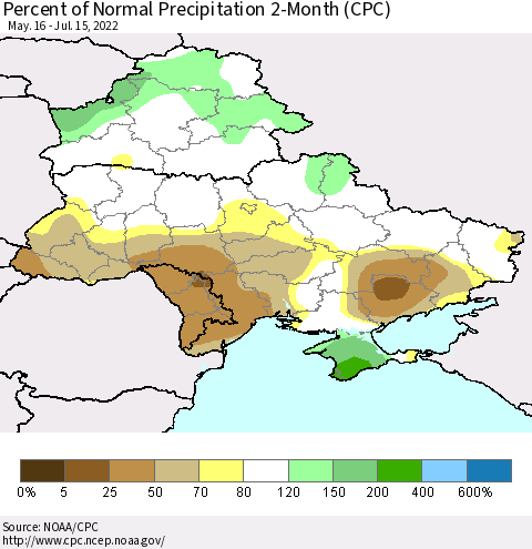Ukraine, Moldova and Belarus Percent of Normal Precipitation 2-Month (CPC) Thematic Map For 5/16/2022 - 7/15/2022