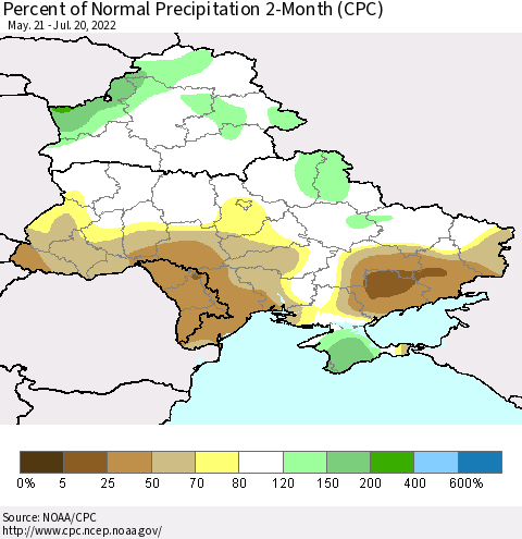 Ukraine, Moldova and Belarus Percent of Normal Precipitation 2-Month (CPC) Thematic Map For 5/21/2022 - 7/20/2022