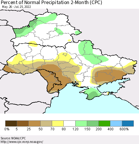 Ukraine, Moldova and Belarus Percent of Normal Precipitation 2-Month (CPC) Thematic Map For 5/26/2022 - 7/25/2022