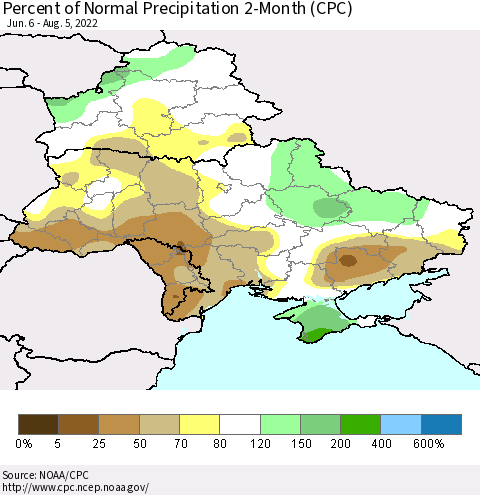 Ukraine, Moldova and Belarus Percent of Normal Precipitation 2-Month (CPC) Thematic Map For 6/6/2022 - 8/5/2022