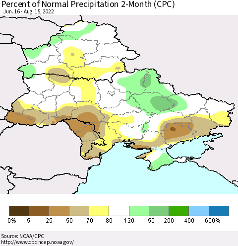 Ukraine, Moldova and Belarus Percent of Normal Precipitation 2-Month (CPC) Thematic Map For 6/16/2022 - 8/15/2022