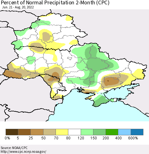 Ukraine, Moldova and Belarus Percent of Normal Precipitation 2-Month (CPC) Thematic Map For 6/21/2022 - 8/20/2022